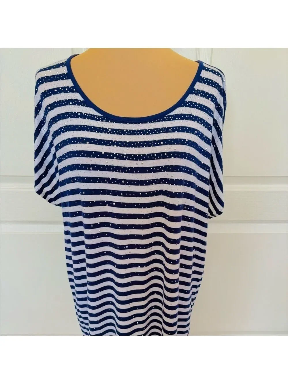 Liz Claiborne Navy & White Striped Sparkle Top XL – Short Sleeve Crew Neck
